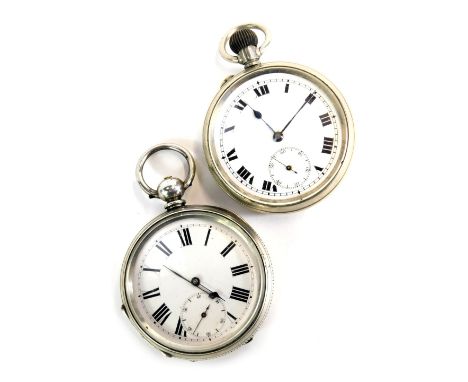 Two 19thC pocket watches, comprising a white metal cased pocket watch with white enamel dial and blue hands seconds dial, key