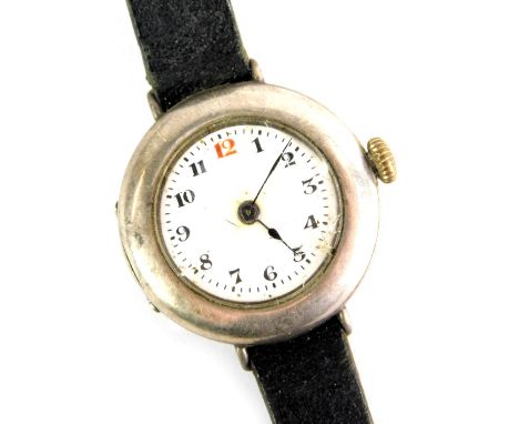 A silver cased wristwatch, the circular watch head with a white enamel numeric dial, and black hands, on a later black leathe