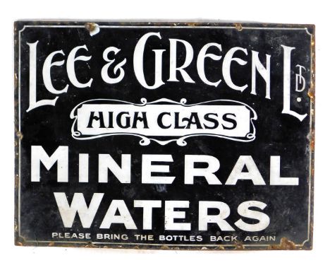 An enamel sign, for Lee and Green Ltd. High Class Mineral Waters, single sided, white lettering against a black ground, 38cm 