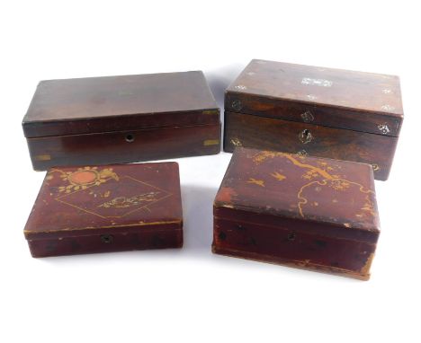 19thC and later boxes, comprising a 19thC mahogany writing box lacking interior, mother of pearl inlaid writing box, and two 