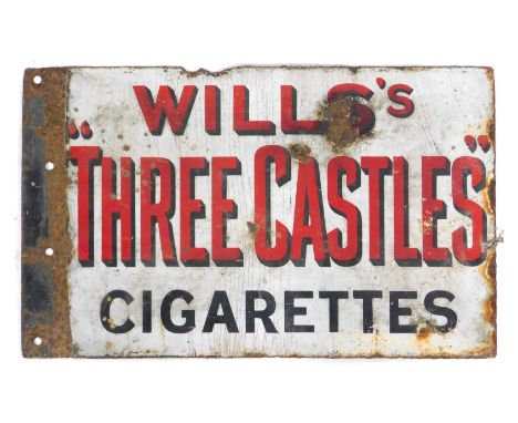 An enamel sign for Wills Three Castles Cigarettes, double sided, black and red lettering against an off white ground, 30cm x 