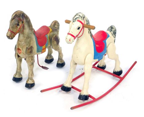 Two Mobo tin plate child's sit on horses, one with pedal action, the other with rocking horse base.