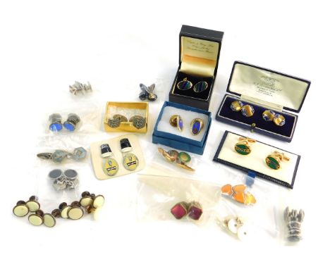 A group of assorted cufflinks, to include enamel sets, lady's heart shaped set, Guinness and others, mainly plated or steel. 