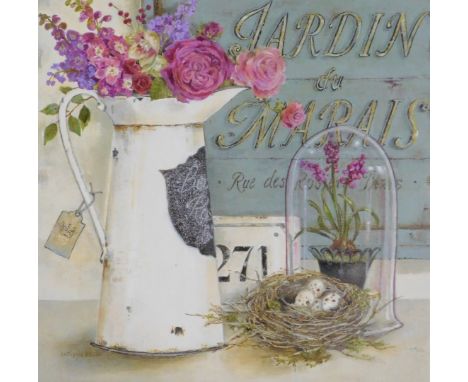 After Kathryn White (20thC). Canvas print depicting enamel ewer containing flowers, nest containing eggs, etc., 66cm x 67cm. 