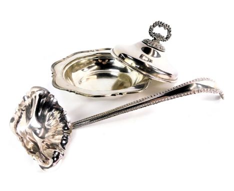 Two silver plated items, comprising a silver plated ladle, with fluted and moulded handle and a muffin dish and cover, number