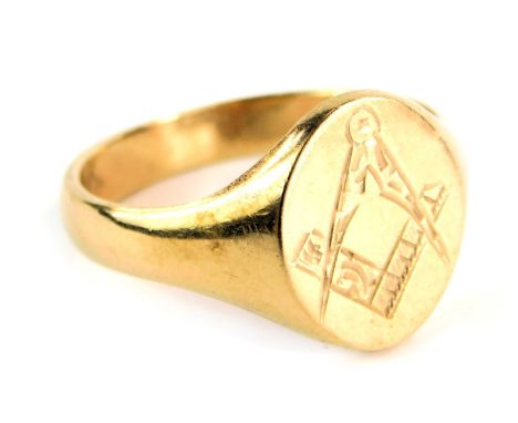 A 9ct gold Masonic signet ring, bearing the compass crest on oval shield, ring size W½, 6g, boxed. 