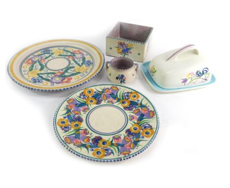A group of Poole pottery, to include plate, 26cm diameter, butter dish and cover, 17cm wide, etc. (a quantity) 