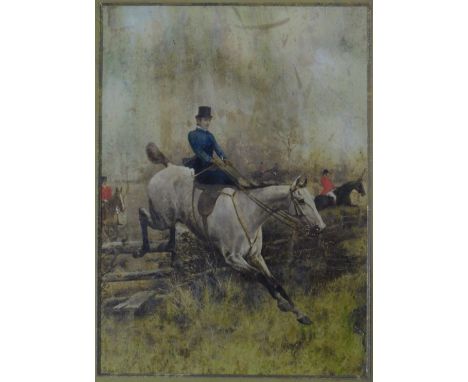 After Thomas Blinks. A hunting scene with lady in full flight on a grey hunter, over painted print, in an oak frame, 25cm x 1