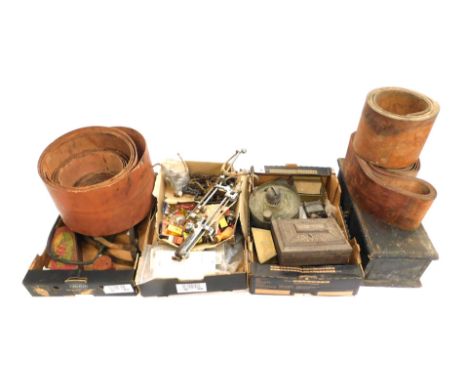 Various leather reels, pumps, hammered Eastern box, oil lamp, vintage foot pumps, chain, Greyfriars and other bulbs, etc. (3 