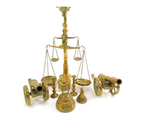 Two model brass cannons and other brass, including a set of brass balance scales with weights, etc. (1 tray)