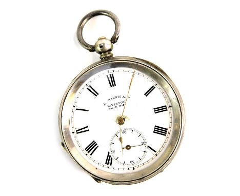 A 19thC E Harris of Liverpool pocket watch, with a white enamel Roman numeric dial, seconds dial and gold hands, key wind, wh