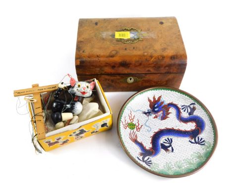 A 19thC walnut writing box, with mother of pearl inlay and dome top, 11cm high, 27cm wide, 19cm deep, a modern cloisonne cabi