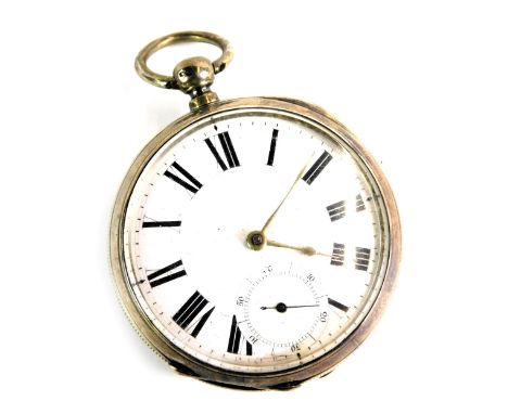 A Victorian 19thC silver pocket watch, with white enamel Roman numeric dial, silvered hands and seconds dial, key wind, movem