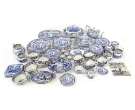A collection of Spode and other blue and white wares, comprising teapot, oval serving tray, tureen, five dinner plates, six m