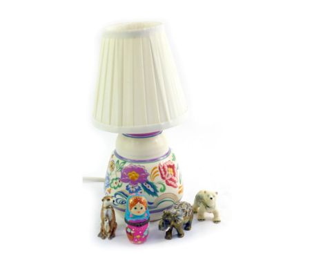 A Poole pottery table lamp, impress number 805, painted with sprays of mixed summer flowers, with shade, and various trinket 