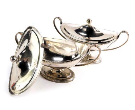 A pair of 19thC crested silver plated sauce tureens, each boat shaped, with lid, bearing crest inscribed Hazard Zet Forwards,