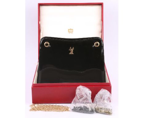 CARTIER rare black patent leather boxed vintage A-framed rigid handbag with gold coloured hardware (Testing as silver). Kid l