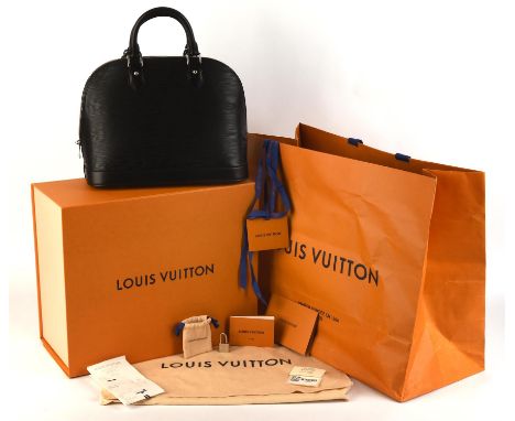 LOUIS VUITTON ALMA PM Cuir Epi Noir (the larger size) handbag with silver hardware, complete with fob, keys and padlock. Imma