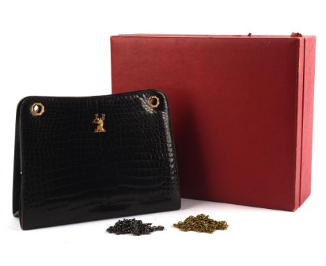 CARTIER rare exotic leather boxed vintage black crocodile leather A-framed rigid handbag with gold coloured hardware (Testing