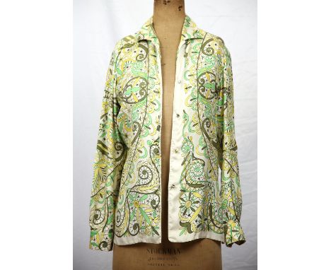 EMILIO PUCCI Florence Italy. A 1963 blouse with covered buttons in green yellow and cream silk. Fits UK 12-14 (38"-40" Bust.)