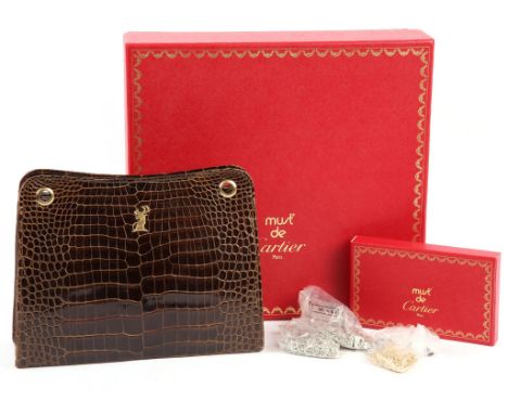 CARTIER rare exotic leather boxed vintage black crocodile leather A-framed rigid handbag with gold coloured (Testing as silve