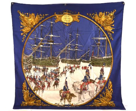 HERMES A vintage silk scarf 1967 a re-edition "Marine et Cavalerie" in blue colour wayCondition Report:  Light marks consiste
