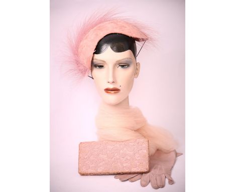 A 1950s original salmon-pink slip-dress with matching jacket. Also a pair of pink kid gloves, a matching clutch bag, silk chi