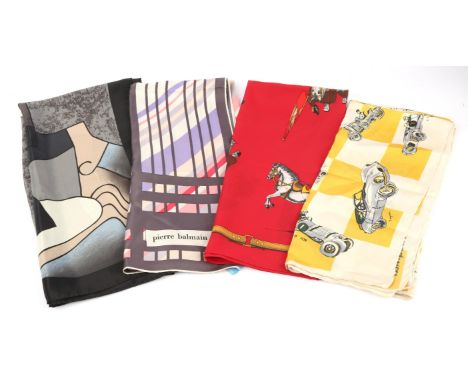 HERMES. A boxed gold coloured metal scarf ring together with a collection of four vintage scarves including a JACQMAR 1950s s