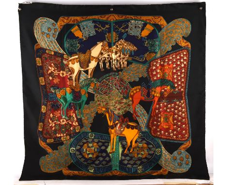 HERMES A silk scarf depicting horses. Boxed (Approx 90cm x 90cm)Condition Report:  Appears unworn