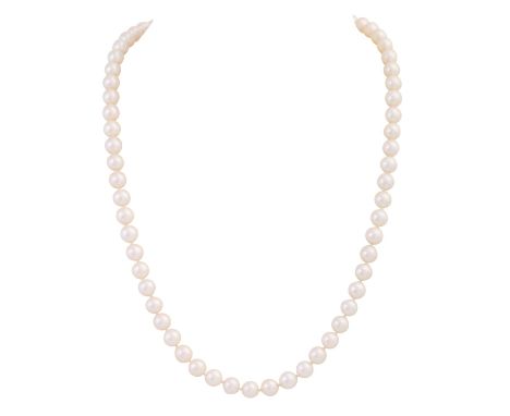 SCHILLING Akoya Perlenkette mit Schmuckschließe, besetzt mit synth. Smaragden und Brillanten zus. ca. 1,9 ct, ca. WEISS (H)/V