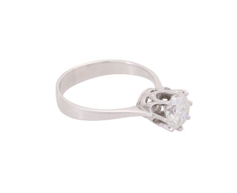Solitärring mit Brillant ca. 1,2 ct, ca. WEISS (H)/P3, WG 14 K, 3,2 g, RW: 53,5, Ende 20. Jh., guter Zustand. Handarbeit. (7)