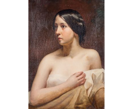 FRANZÖSISCHE SCHULE MITTE DES 19. JH. „Halbbildnis Mädchenportrait“, Öl auf Leinwand, HxB: 62/46 cm. Retuschen, im unteren Be