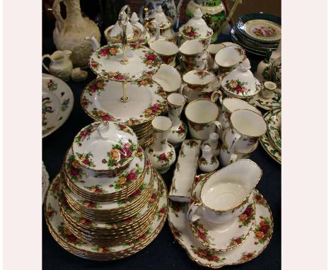 Extensive quantity of Royal Albert Old Country Rose tea and table wares, to include tea and coffee pots, milk jug, sugar basi