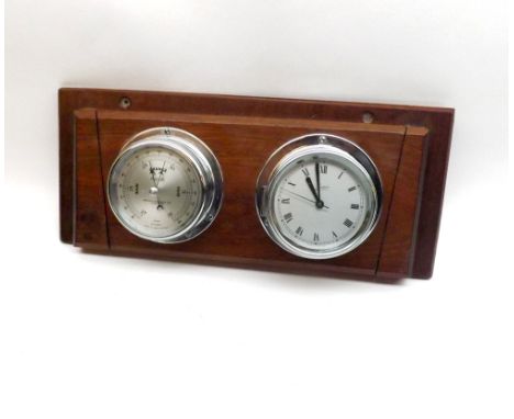 Second half of 20th Century Chrome plated bulkhead Timepiece and matching twin scale Aneroid Barometer, Maspro and retailed b