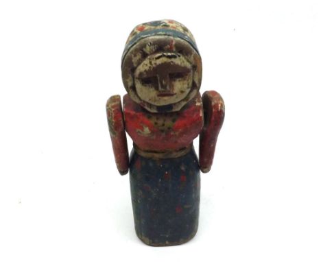 Vintage carved Doll with articulated arms, modelled as a Milkmaid figure, decorated in blues and reds, 8  high 