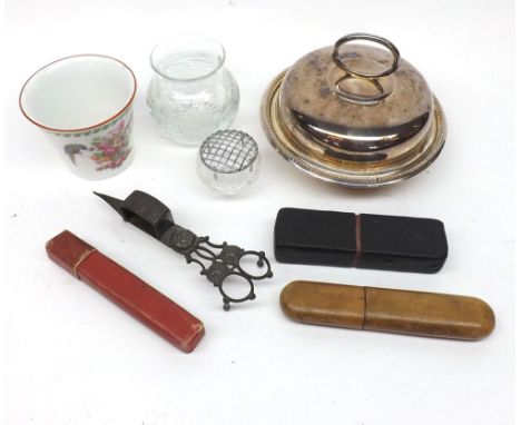 Mixed lot to include Silver plated Muffin Dish, vintage Candle Snuffers, Cut Glass Vases, small Jardiniere etc (qty) 