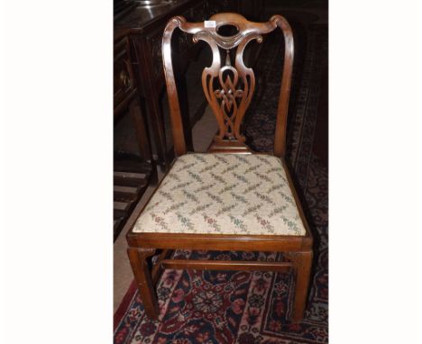 A Mahogany Chippendale style Dining Chair with pierced interlaced splat back, floral upholstered pattern drop-in seat, plain 