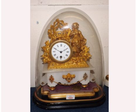 Late 19th Century gilt Spelter and alabaster Mantel Timepiece, the figural case with drum body flanked by a young girl with f