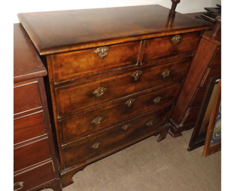 A 19th Century Walnut Veneered Five Drawer Chest with two short and three long drawers, raised on bracket feet, 38  wide  