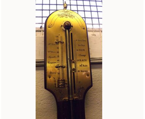 20th Century Mahogany and Boxwood lined inlaid Stick Barometer, Shortland Bowen, the arched case with cast Brass finial and s