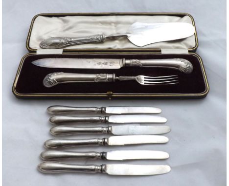 Set of six George VI Silver handled and Steel bladed Dessert Knives, hallmarked for Sheffield 1914, 6 >  long together with f