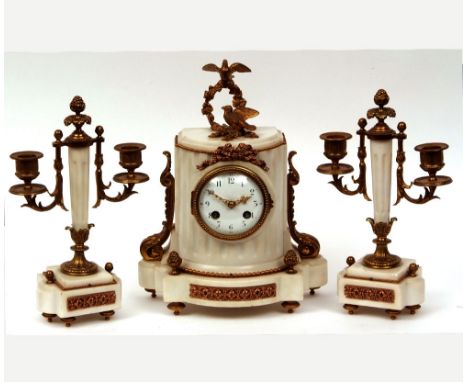 Early 20th Century gilt metal mounted White Marble Clock Garniture, the shaped column case surmounted by a pair of doves with