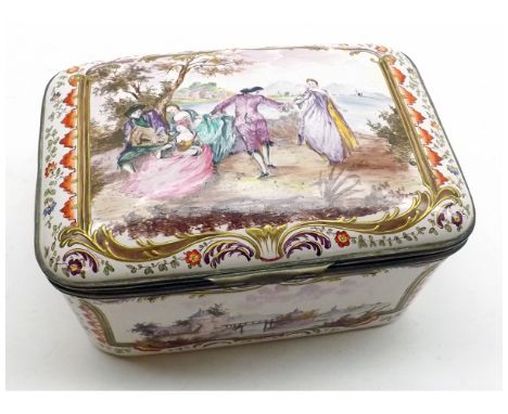 A 19th Century French Enamel Jewellery Casket of rectangular form with bowed lid, decorated with panels of classic scenes and