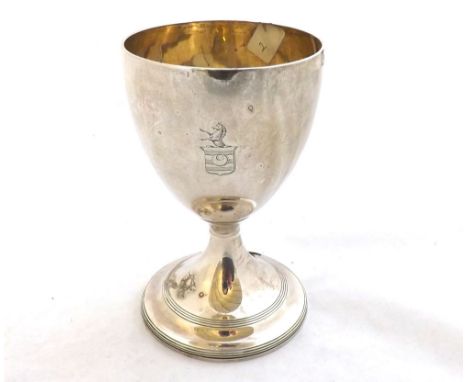 George III Silver Goblet, plain tapering bowl with armorial crest raised on a spreading circular foot with ribbed detail, hal