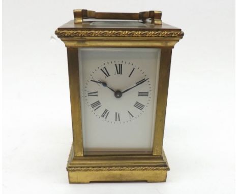 Early 20th Century French lacquered Brass Carriage Timepiece, the cylinder platform escapement to a Roman enamel dial (corner