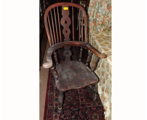 Victorian Elm seated stick and splat back Armchair, raised on turned legs with H stretcher, 36  wide  