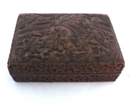 A Vintage Cinnabar Lacquered Box of rectangular form, the lid decorated with figures, pagodas etc, 5 =  wide 