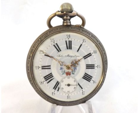 Late 19th Century Continental Silver cased over-size keyless watch, jewelled movement with mono metallic balance and lever es