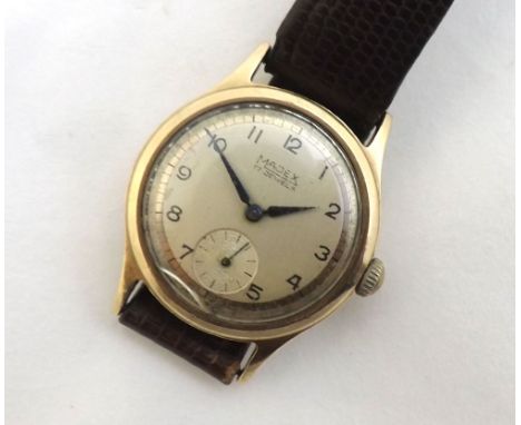 Mid-20th Century 9ct Gold wrist watch, Majex, the 17 jewel movement to a signed and Silvered circular Arabic dial with outsid