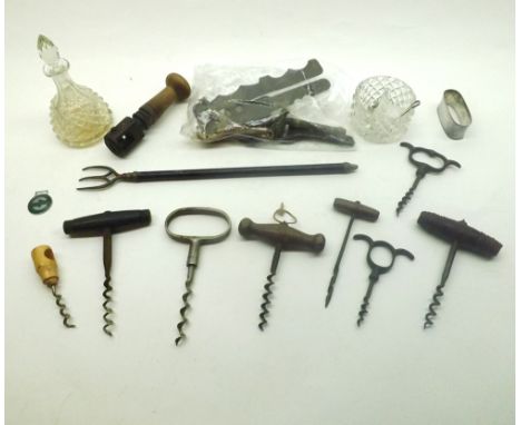 A Mixed Lot comprising: assorted Vintage Corkscrews, Cut Glass Dressing Bottle with Cruet Base, and various other vintage ite